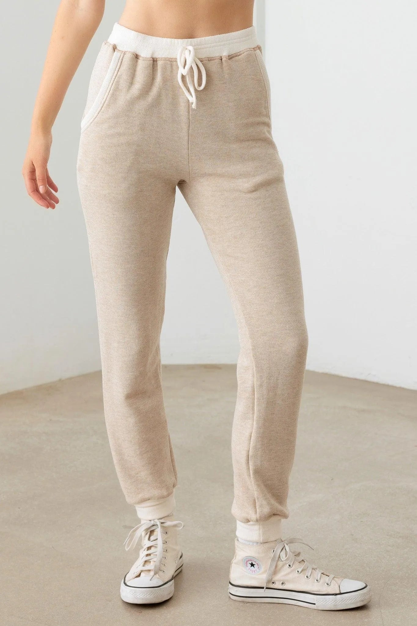 Drawstring Cream Trim Soft Jogger Pants - Tasha Apparel Wholesale