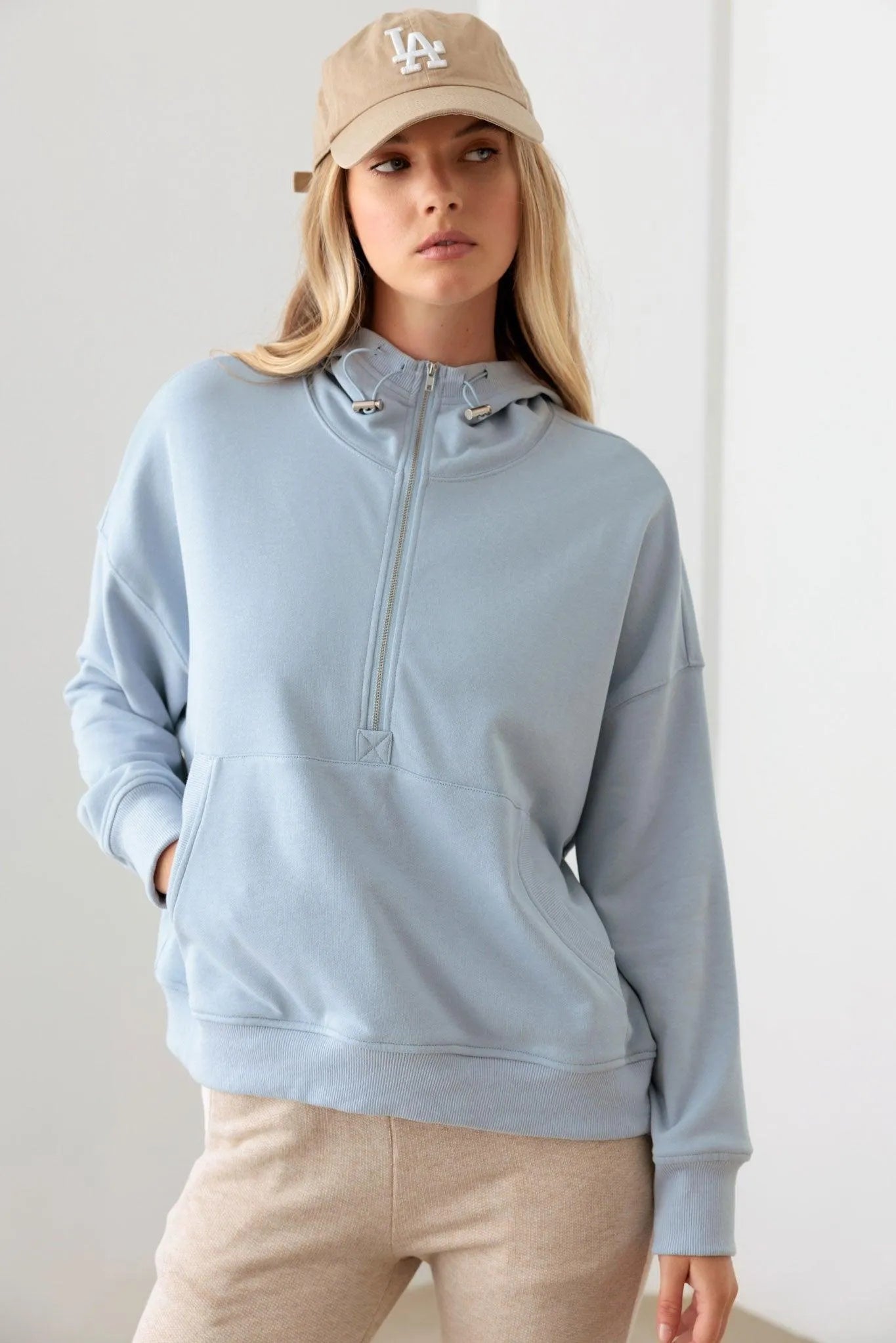 Blue Cotton Half Zip Drawstring Mock Neck Hoodie Top - Tasha Apparel Wholesale