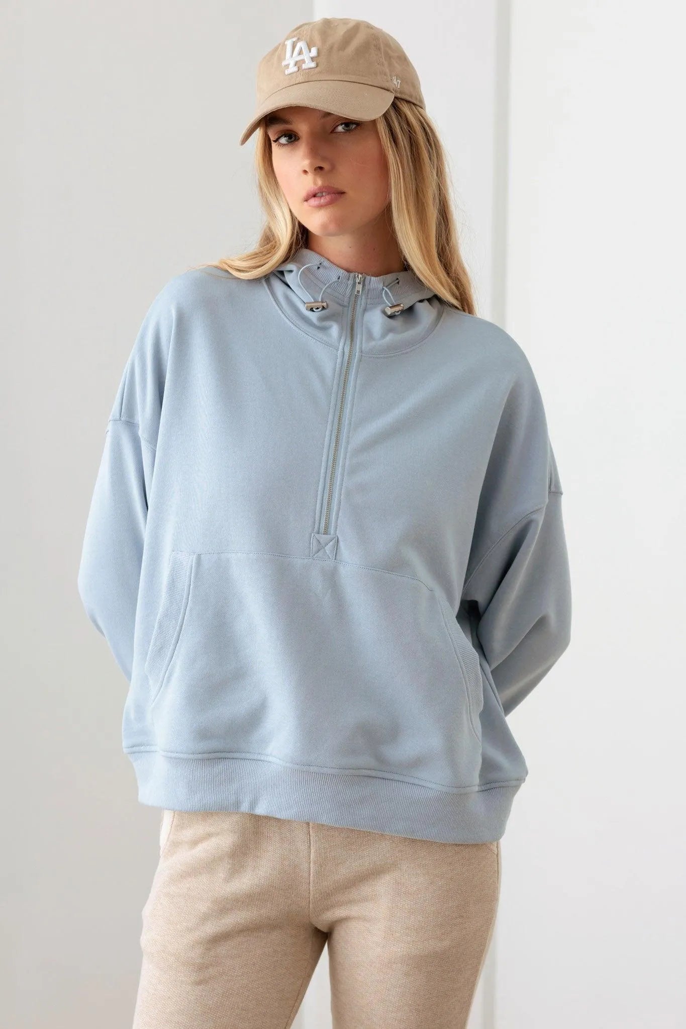 Blue Cotton Half Zip Drawstring Mock Neck Hoodie Top - Tasha Apparel Wholesale