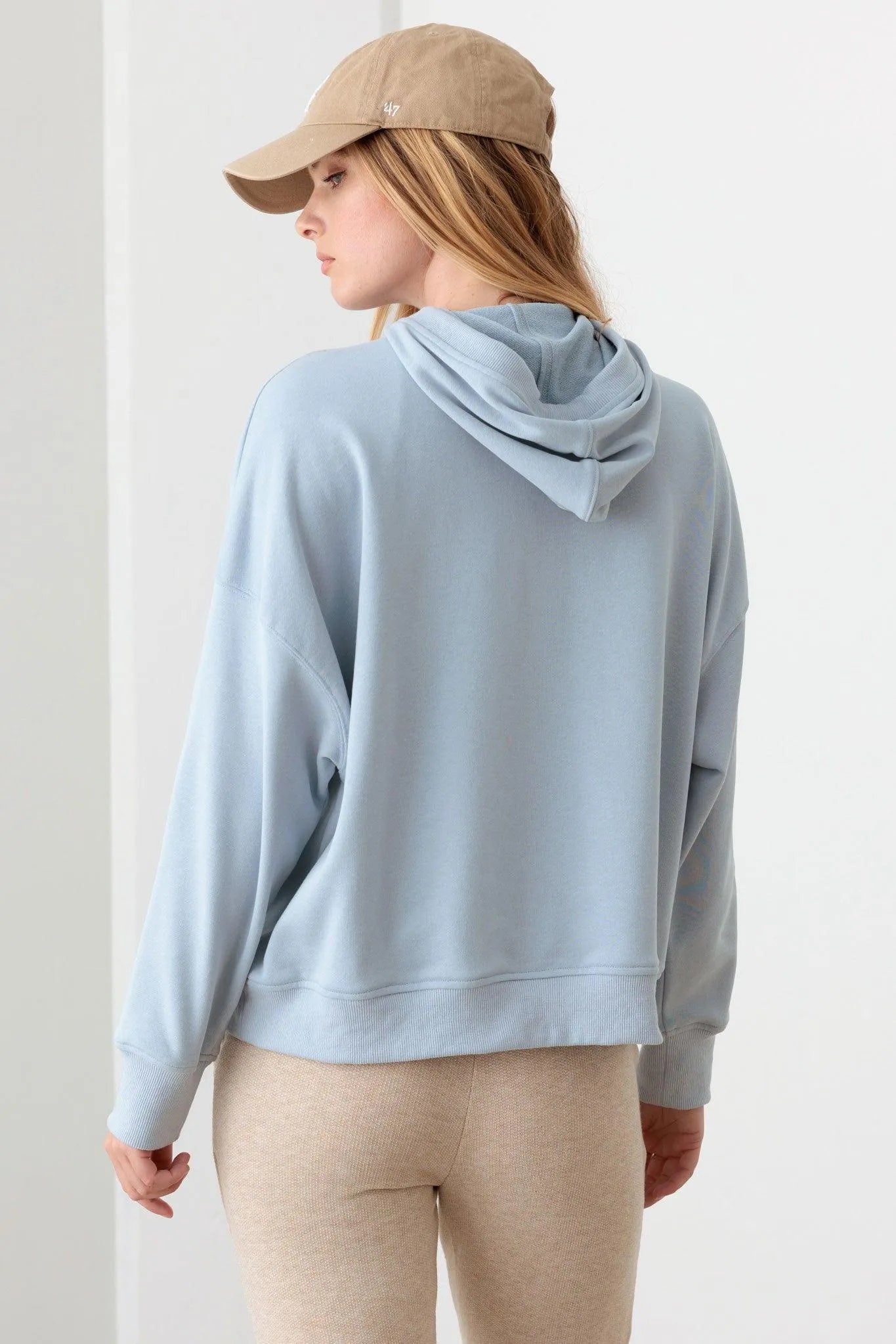Blue Cotton Half Zip Drawstring Mock Neck Hoodie Top - Tasha Apparel Wholesale