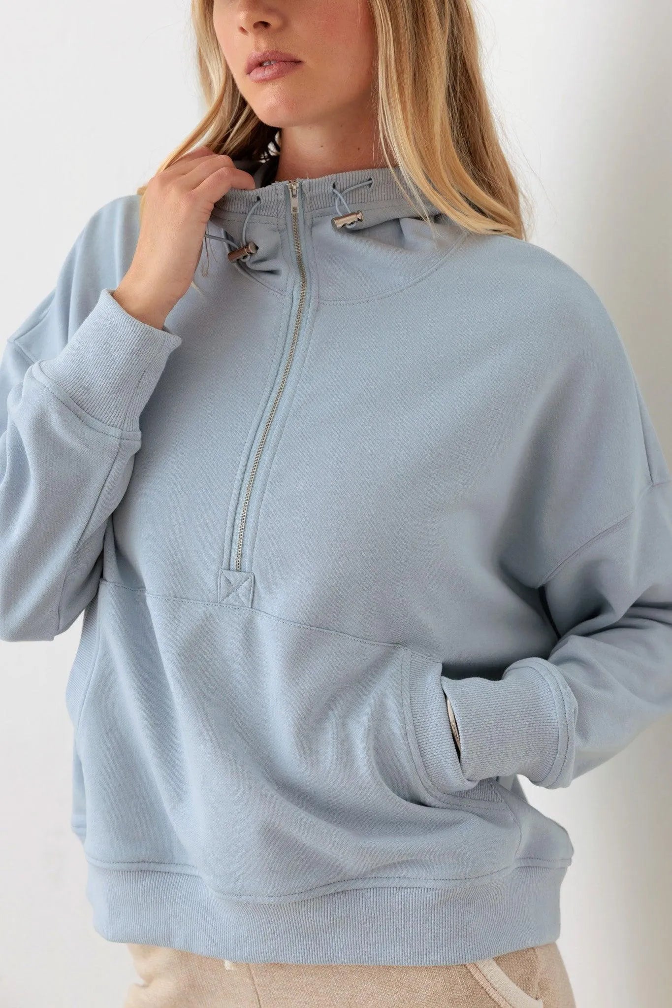 Blue Cotton Half Zip Drawstring Mock Neck Hoodie Top - Tasha Apparel Wholesale