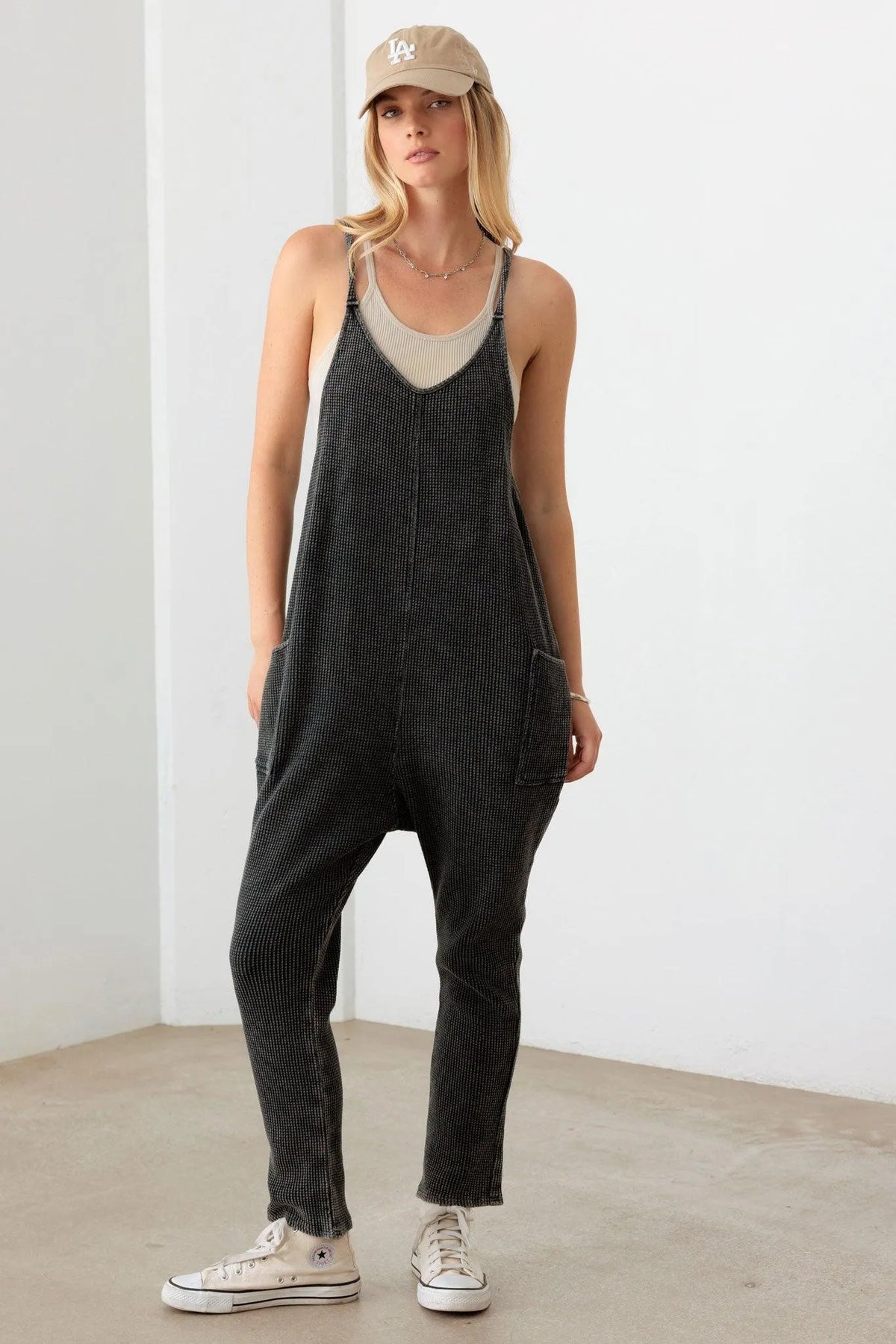 Relaxed Waffle Knit Side Pocket Jumpsuit - Tasha Apparel Wholesale