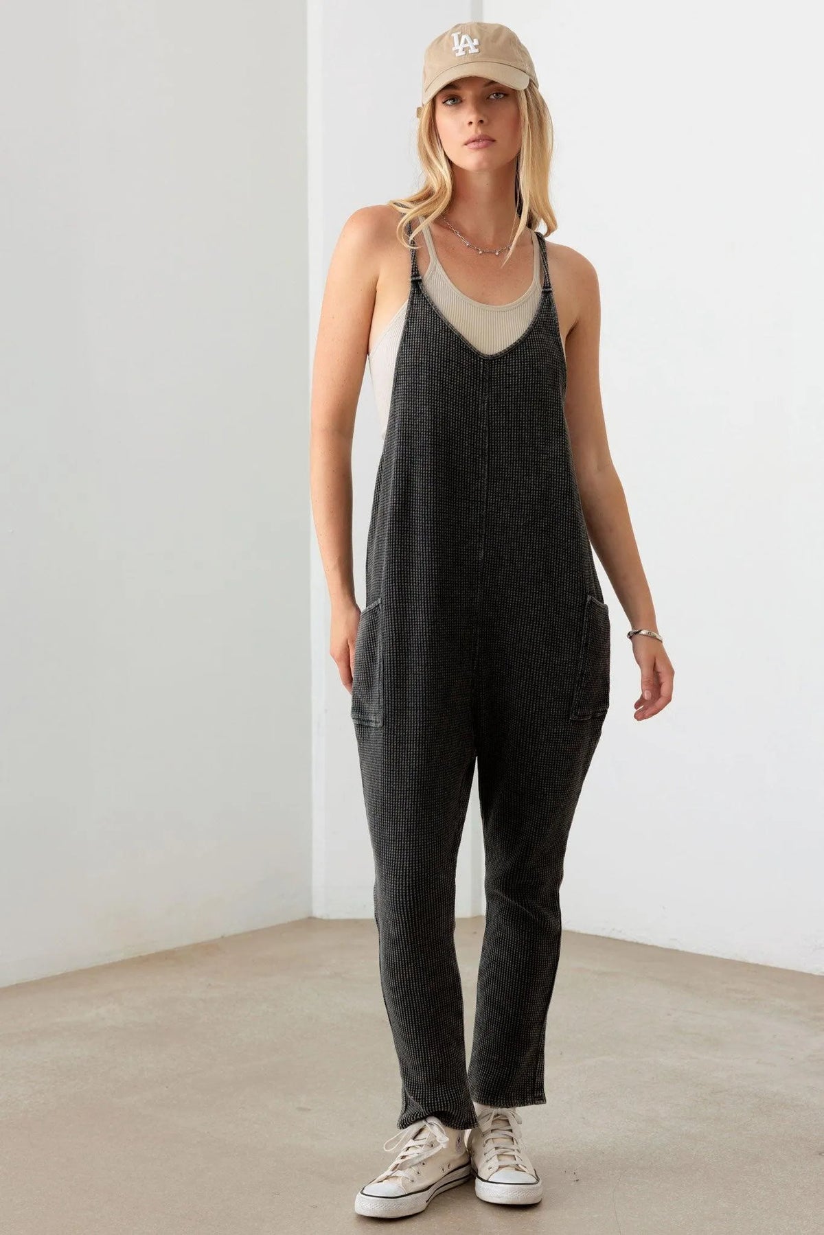 Relaxed Waffle Knit Side Pocket Jumpsuit - Tasha Apparel Wholesale