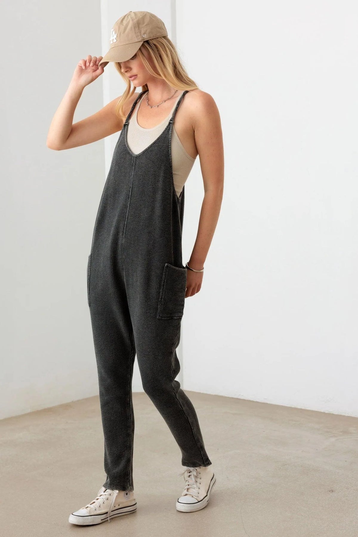 Relaxed Waffle Knit Side Pocket Jumpsuit - Tasha Apparel Wholesale
