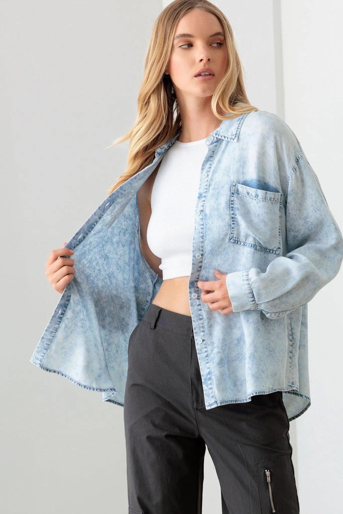 Blue Denim Acid Wash Oversized Shirt - Tasha Apparel Wholesale