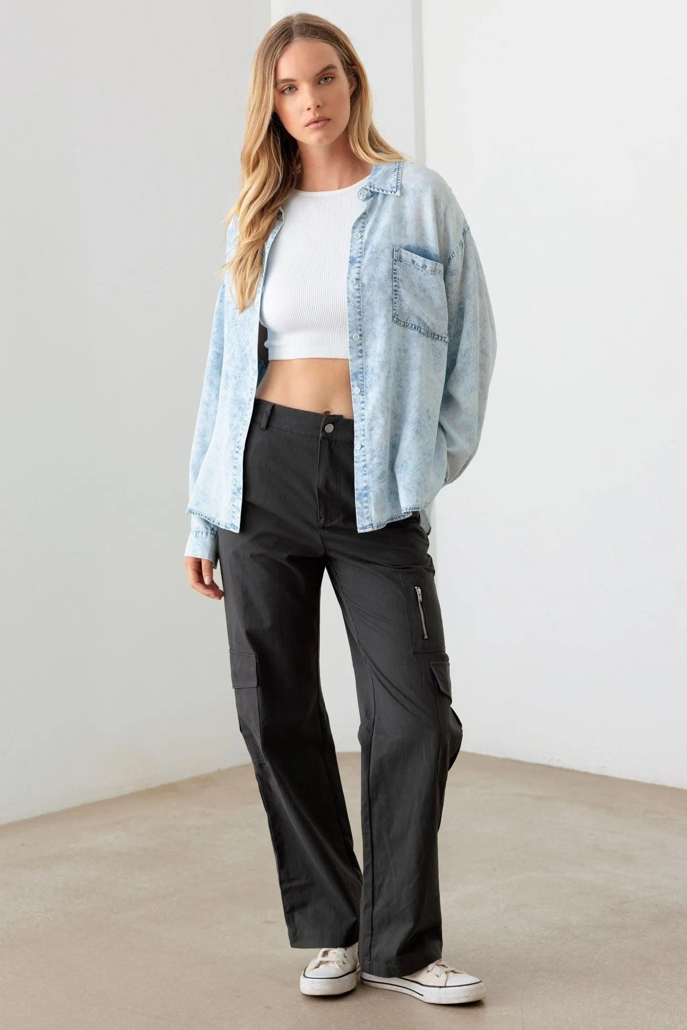 Blue Denim Acid Wash Oversized Shirt - Tasha Apparel Wholesale
