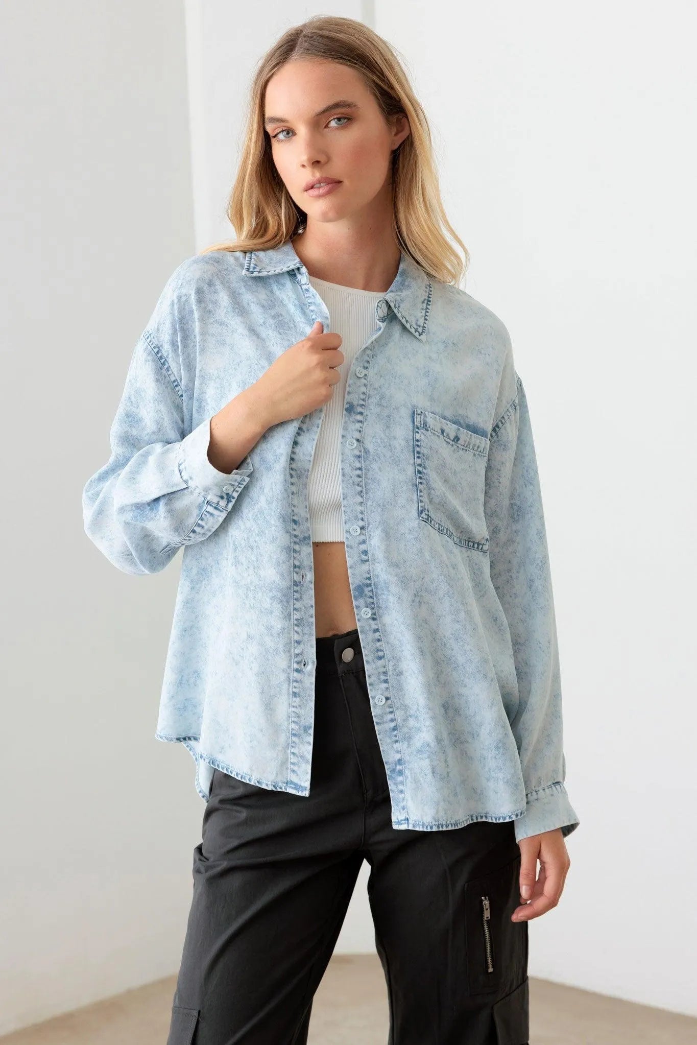 Blue Denim Acid Wash Oversized Shirt - Tasha Apparel Wholesale