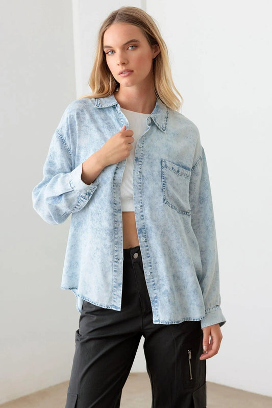 Blue Denim Acid Wash Oversized Shirt - Tasha Apparel Wholesale