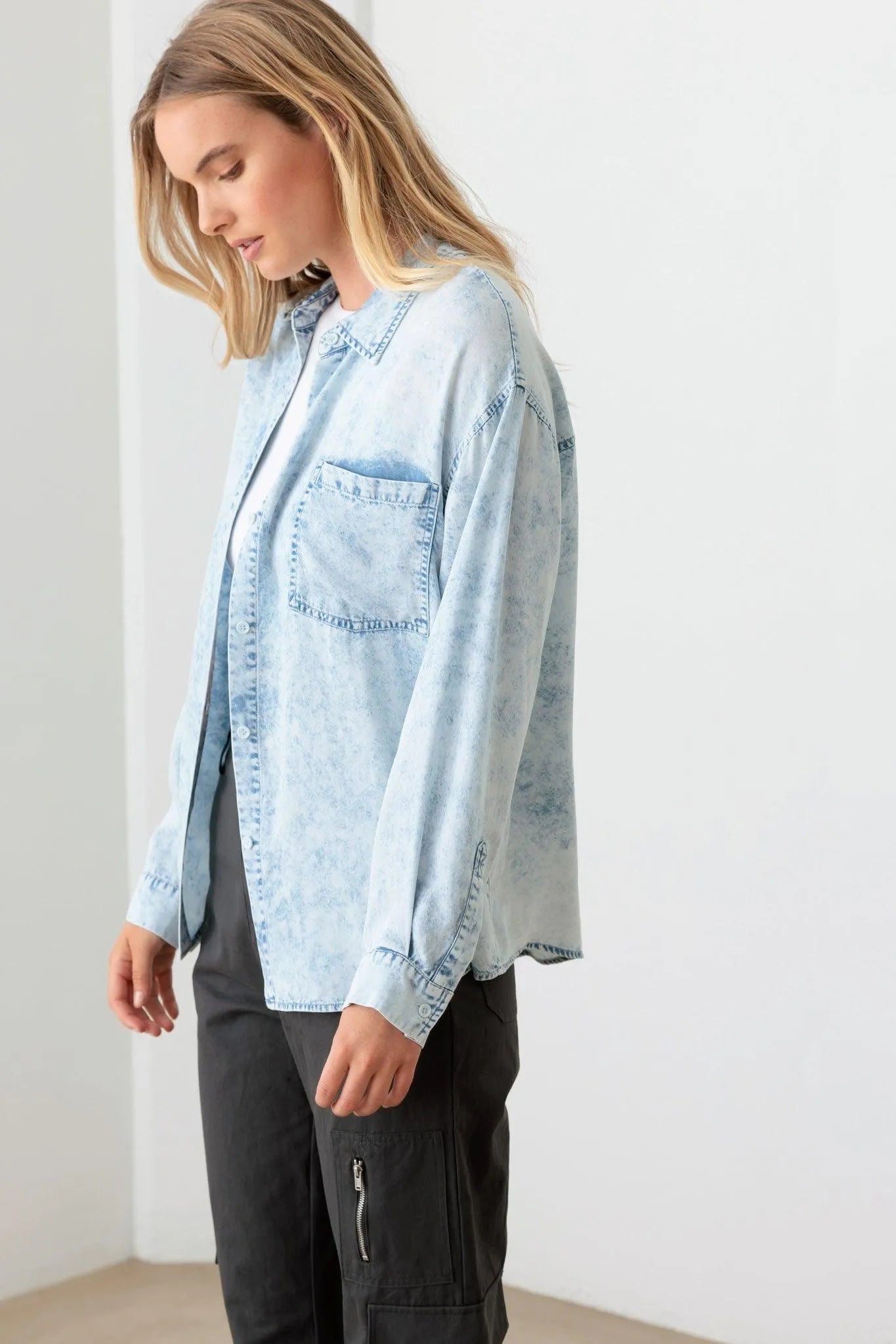 Blue Denim Acid Wash Oversized Shirt - Tasha Apparel Wholesale