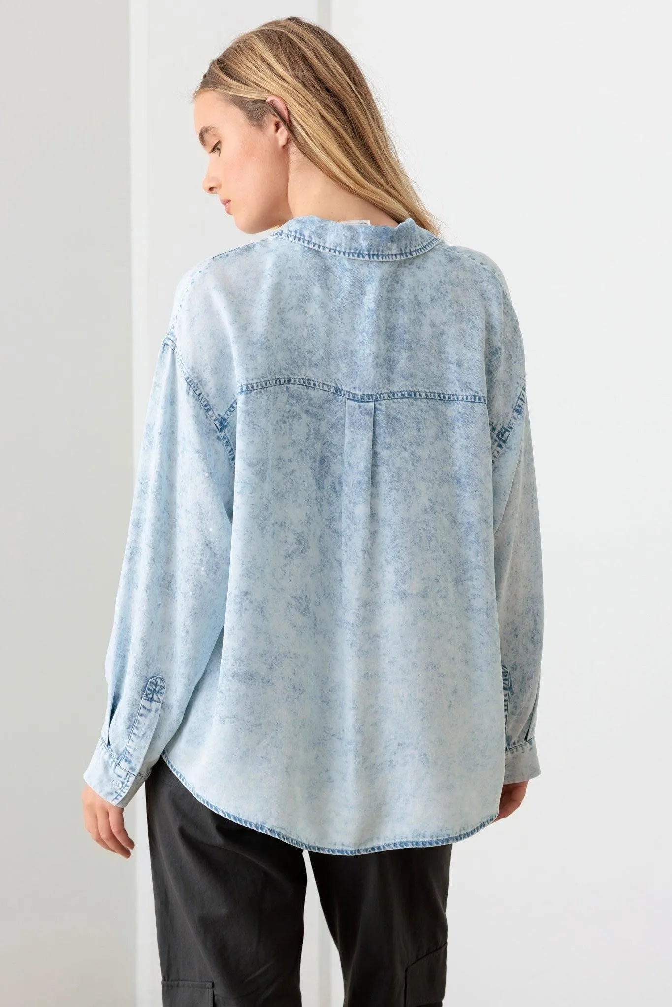 Blue Denim Acid Wash Oversized Shirt - Tasha Apparel Wholesale