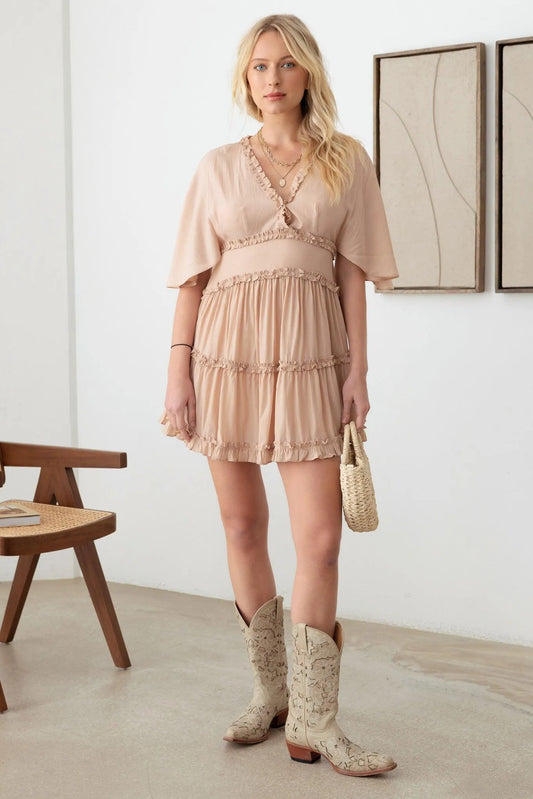 Ruffle Detail Flared Sleeve Tiered Mini Dress - Tasha Apparel Wholesale