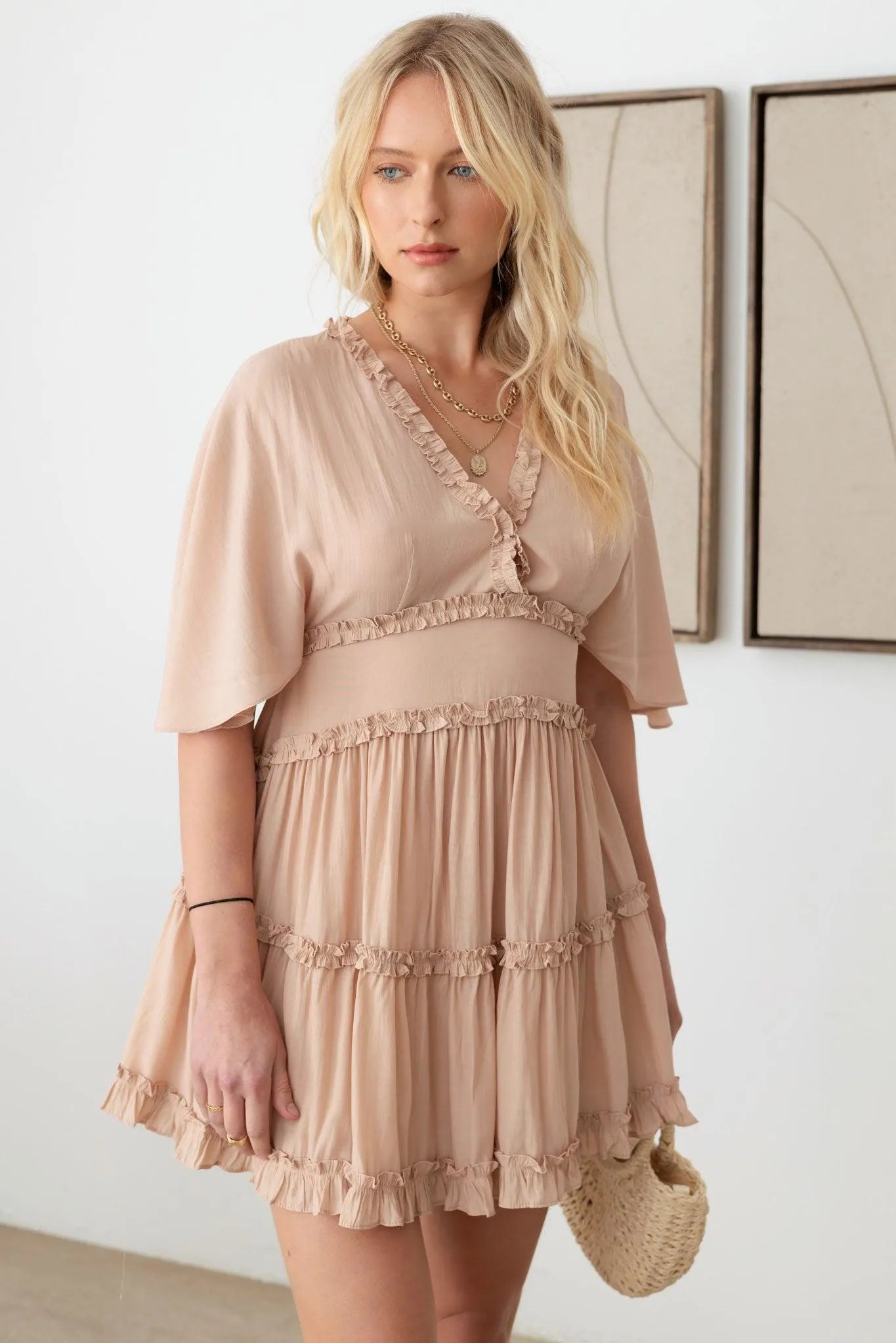 Ruffle Detail Flared Sleeve Tiered Mini Dress - Tasha Apparel Wholesale