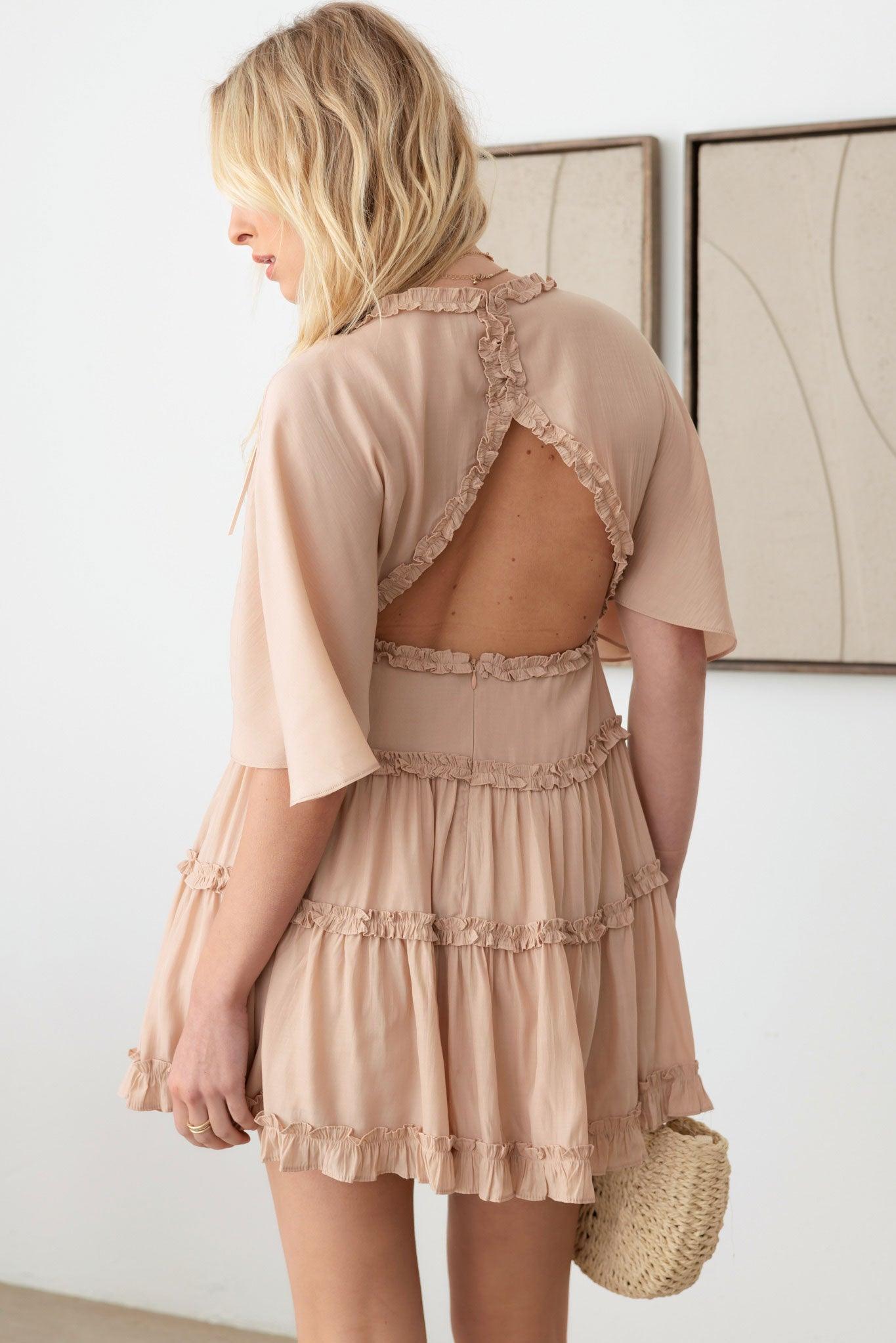 Ruffle Detail Flared Sleeve Tiered Mini Dress - Tasha Apparel Wholesale