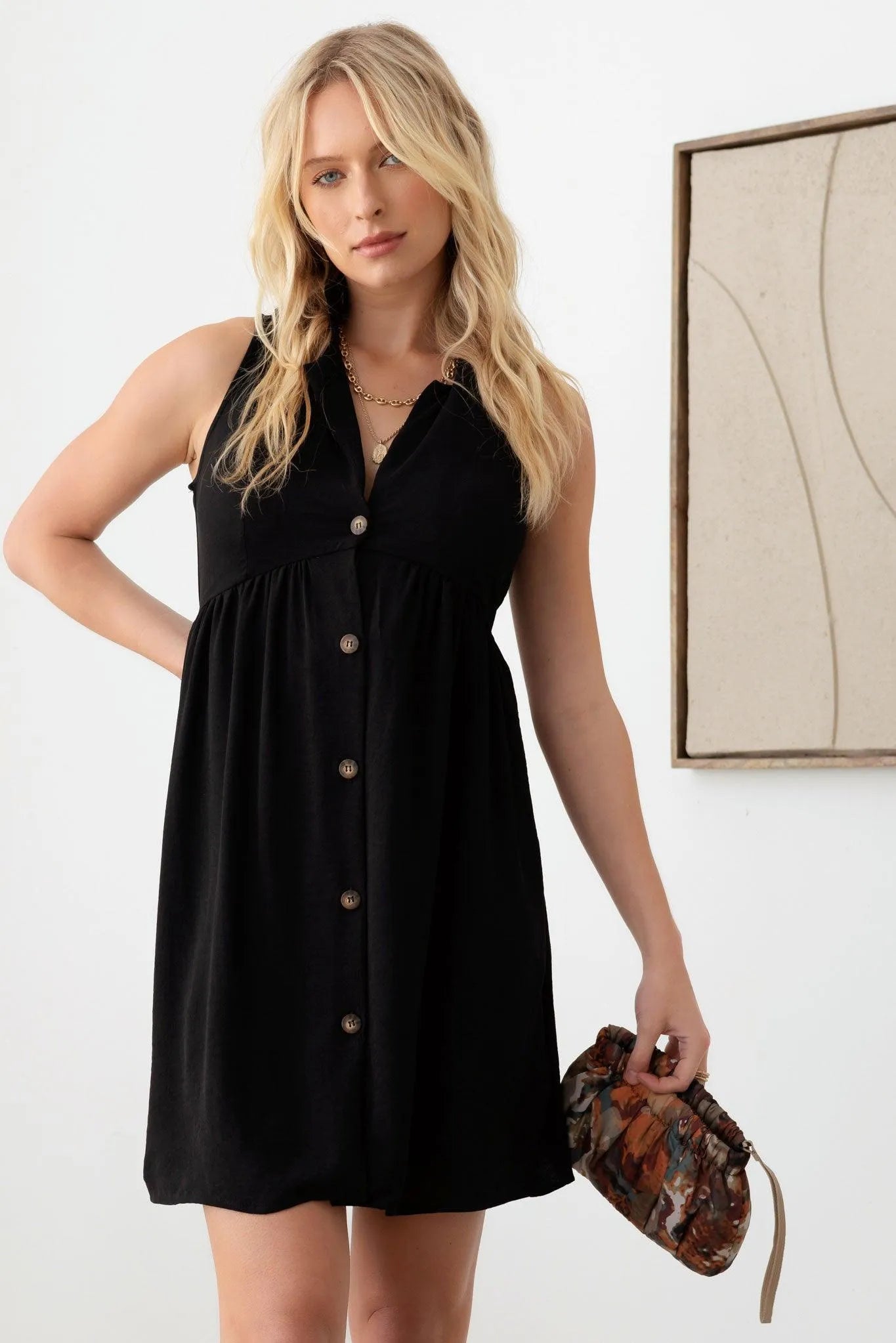 Black Solid Sleeveless Collared Button Down Dress - Tasha Apparel Wholesale