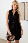 Black Solid Sleeveless Collared Button Down Dress - Tasha Apparel Wholesale