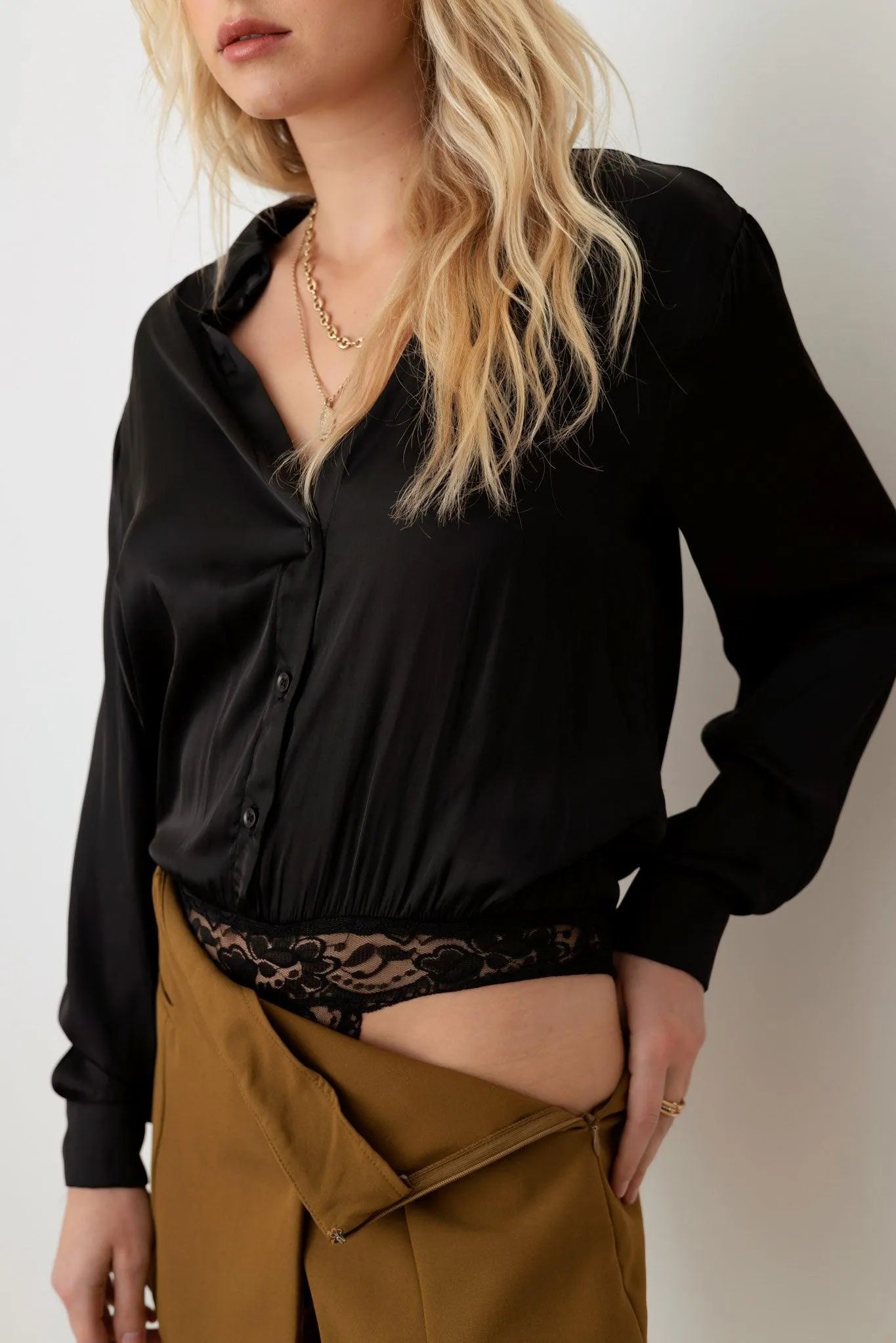 Satin V-Neck Shirts Bodysuit - Tasha Apparel Wholesale