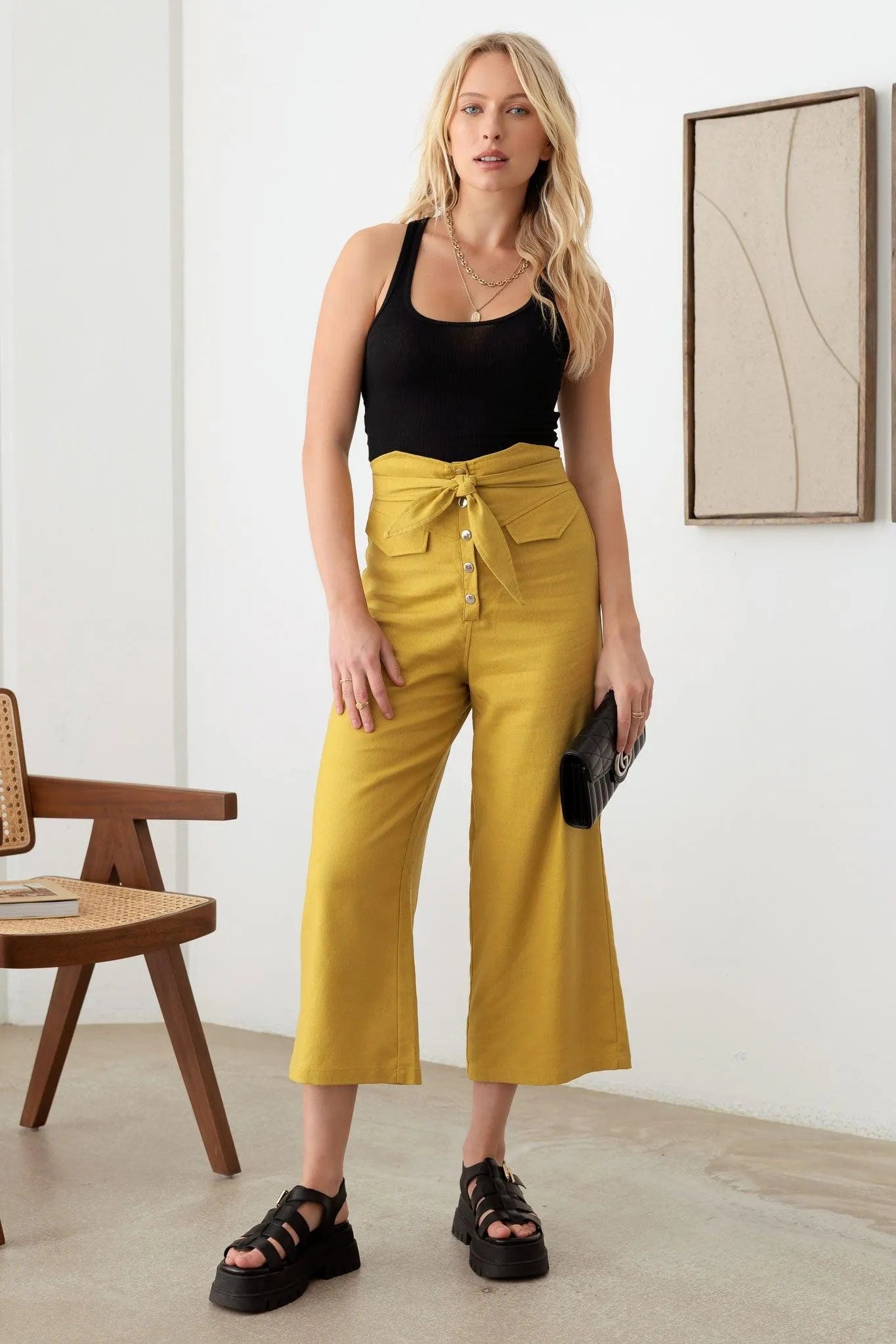 Belted Asymmetric Waistband Snap Button Pants - Tasha Apparel Wholesale