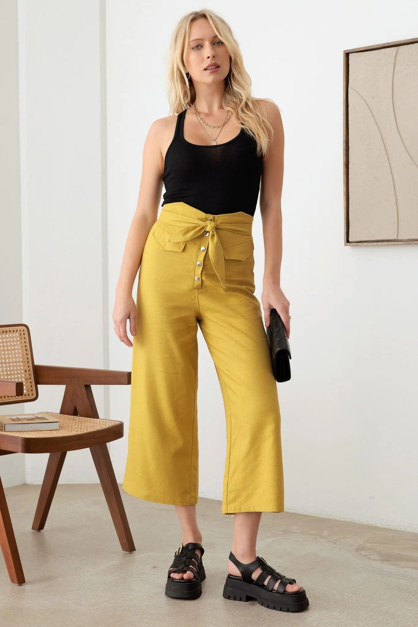 Belted Asymmetric Waistband Snap Button Pants - Tasha Apparel Wholesale