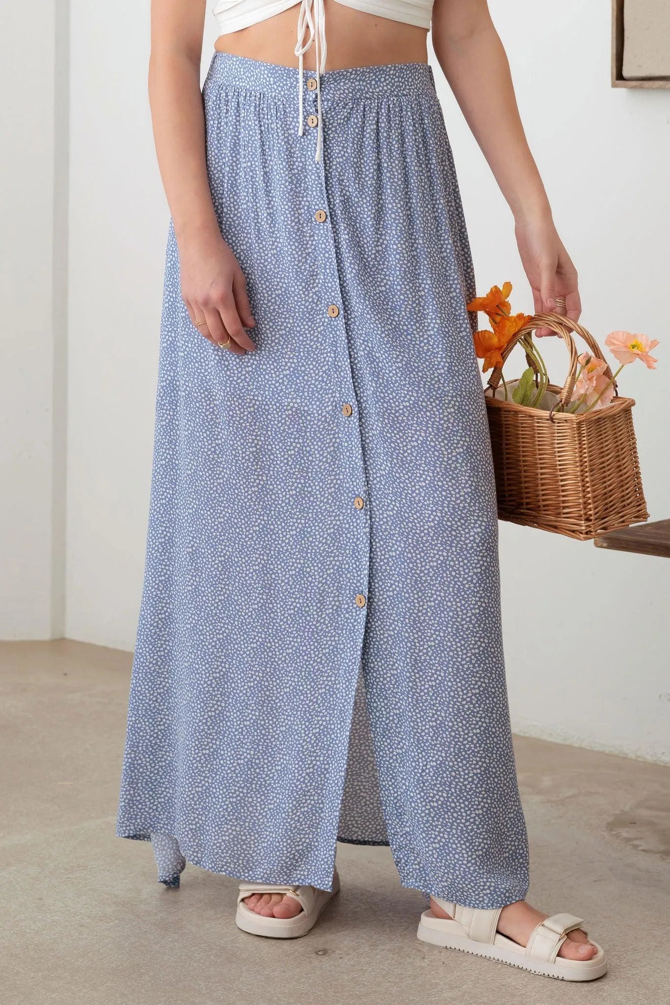 Boho Front Button Elastic Waist Side Slit Maxi Skirt - Tasha Apparel Wholesale