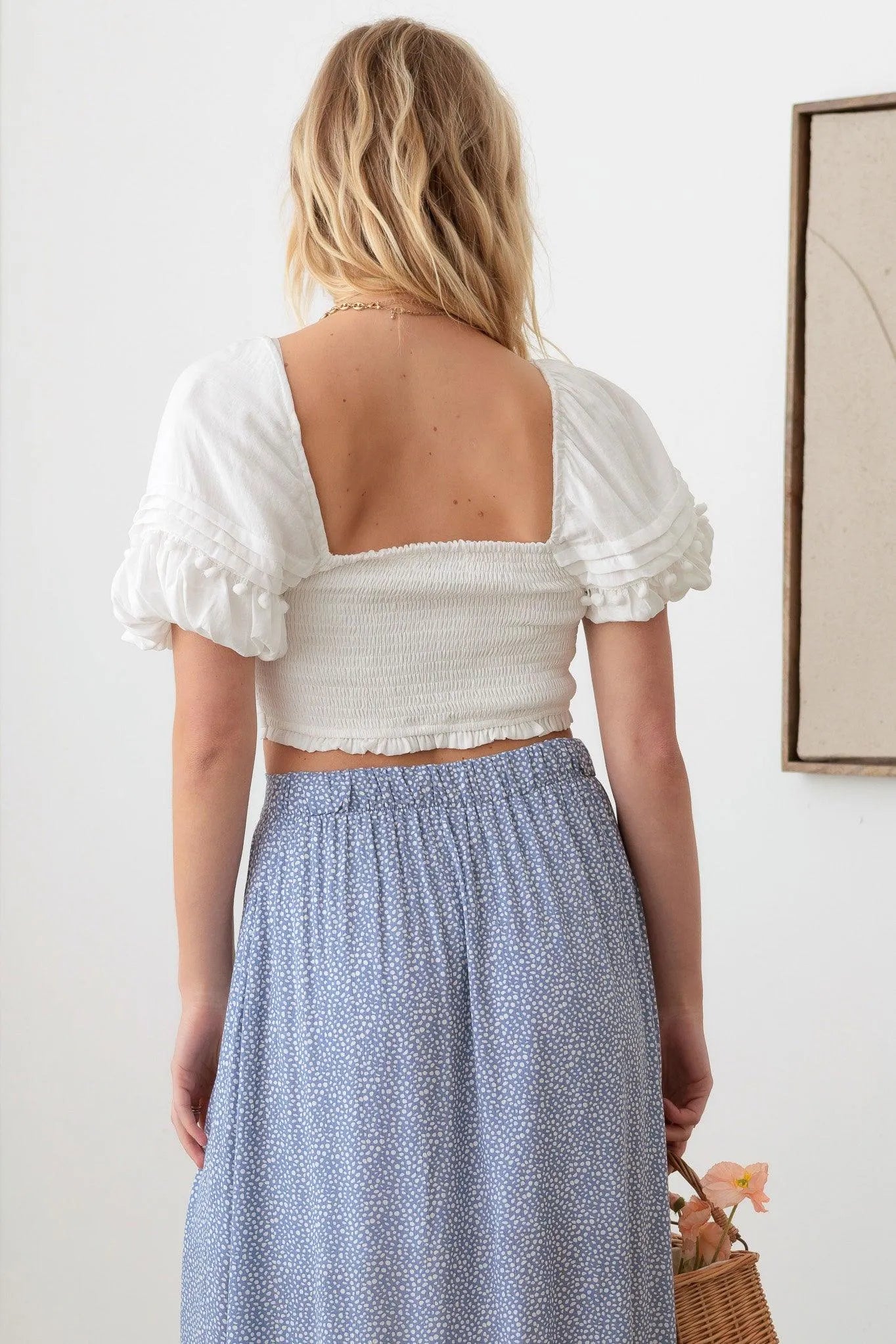 Puff Sleeve Gathered Bust Trim Detail Crop Top - Tasha Apparel Wholesale