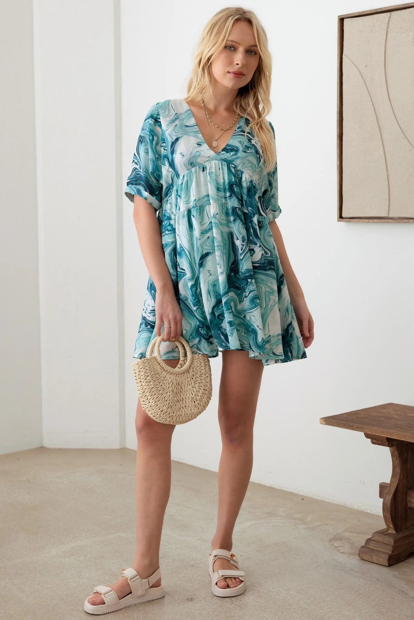 Print Back Tie Deep V-Neck Mini Dress - Tasha Apparel Wholesale