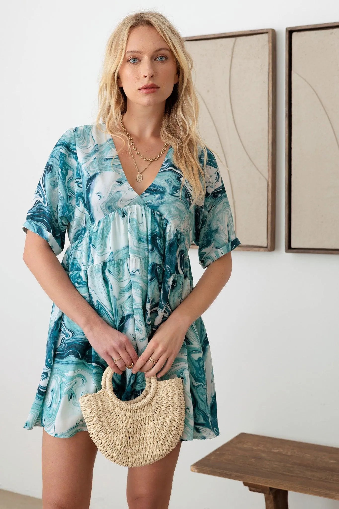 Print Back Tie Deep V-Neck Mini Dress - Tasha Apparel Wholesale