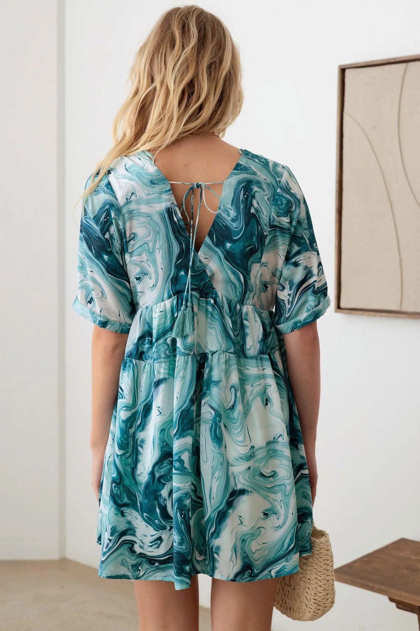 Print Back Tie Deep V-Neck Mini Dress - Tasha Apparel Wholesale