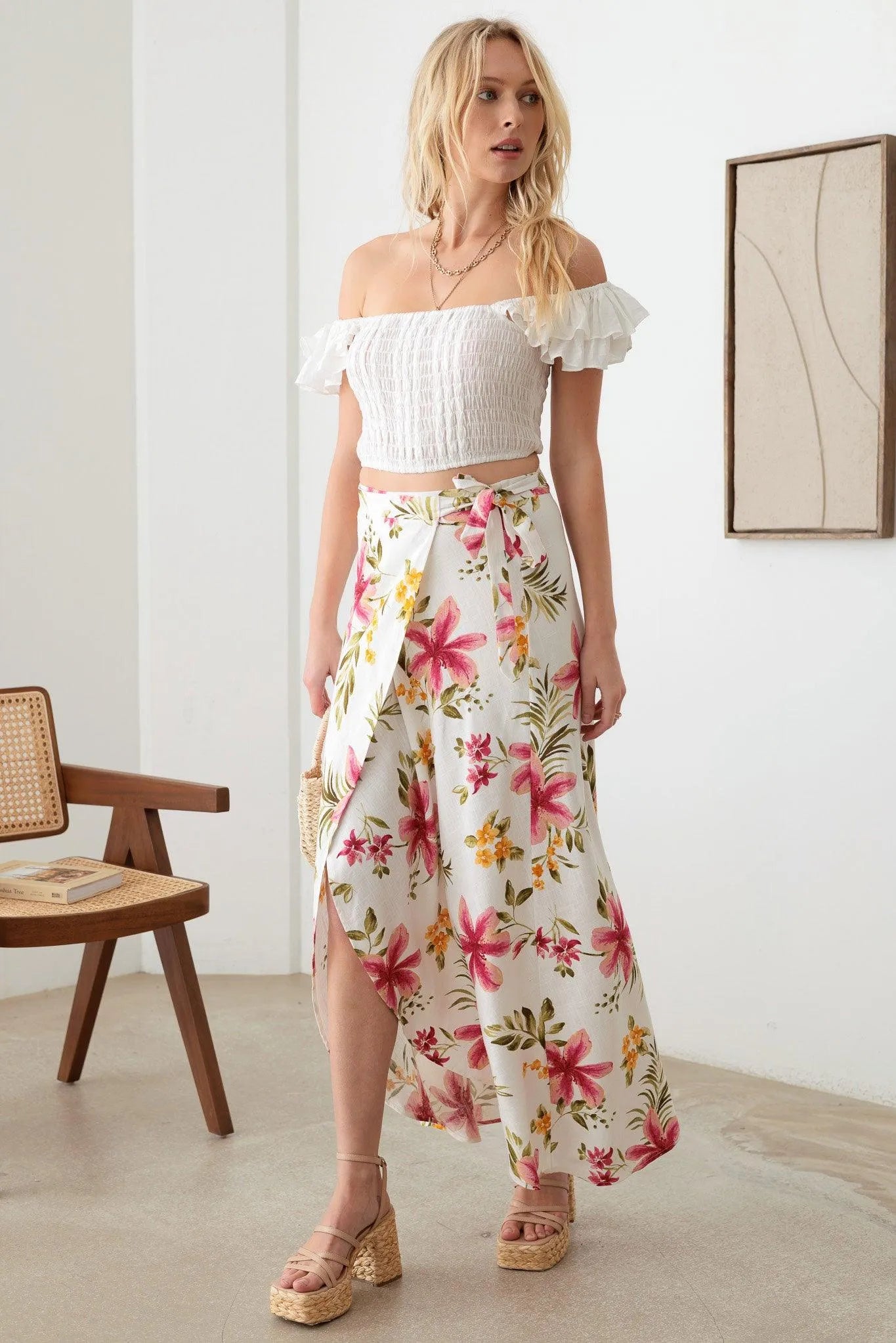 Boho Floral Side Tie Warp Maxi Skirt - Tasha Apparel Wholesale