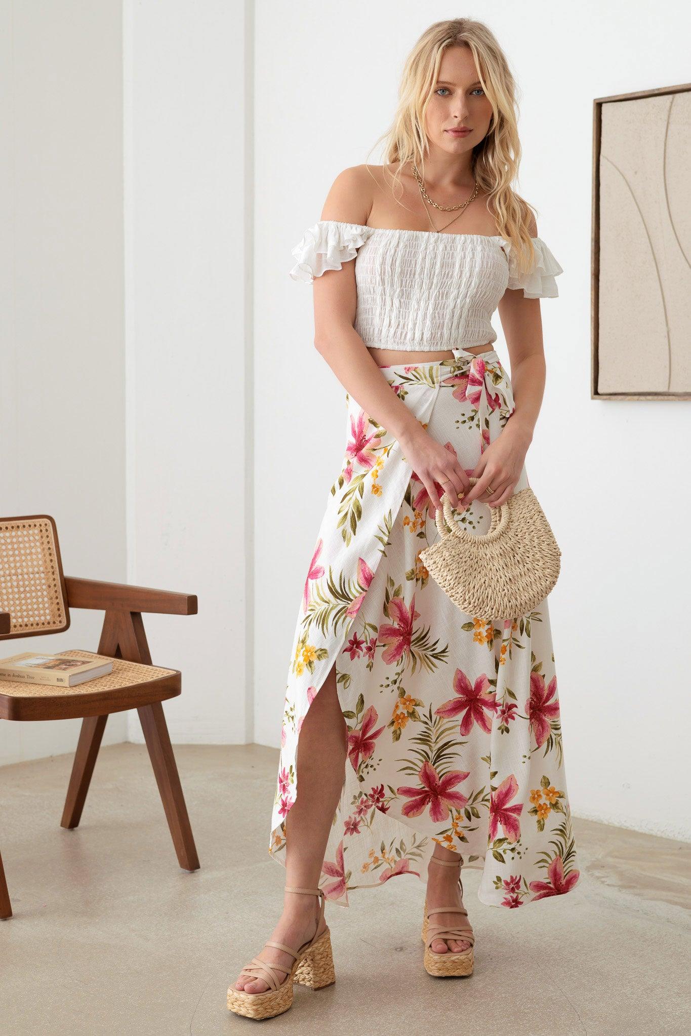 Boho Floral Side Tie Warp Maxi Skirt - Tasha Apparel Wholesale