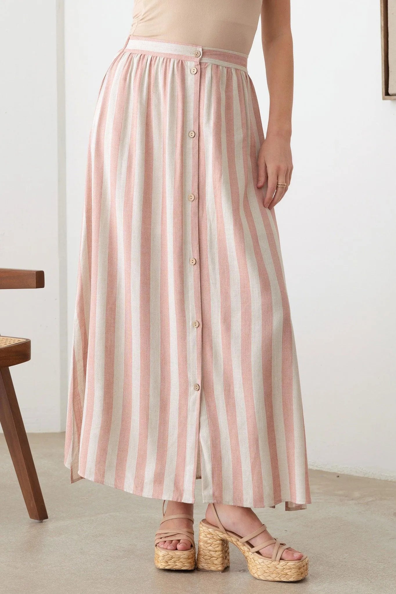 Boho Front Button Elastic Waist Side Slit Maxi Skirt - Tasha Apparel Wholesale
