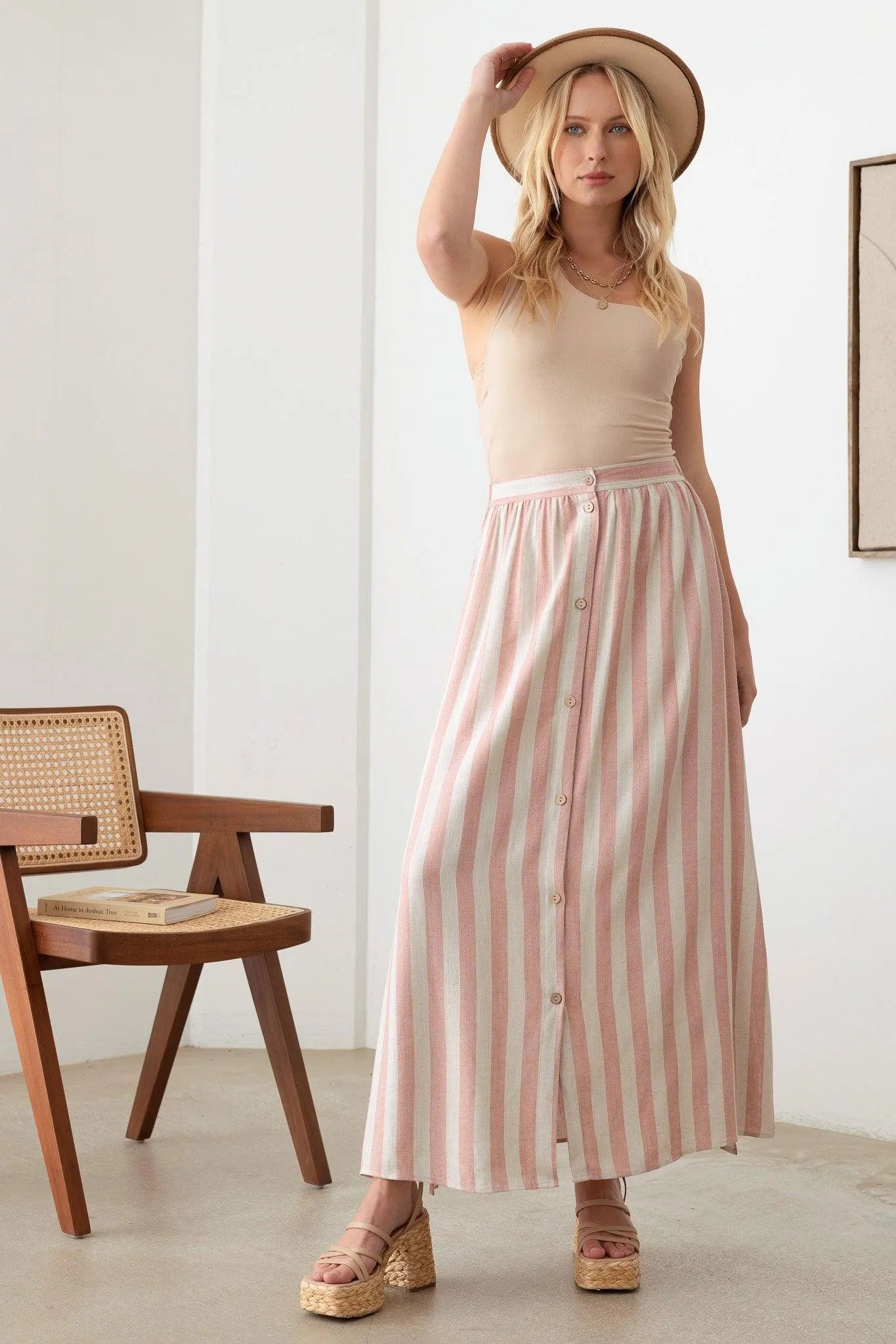 Boho Front Button Elastic Waist Side Slit Maxi Skirt - Tasha Apparel Wholesale