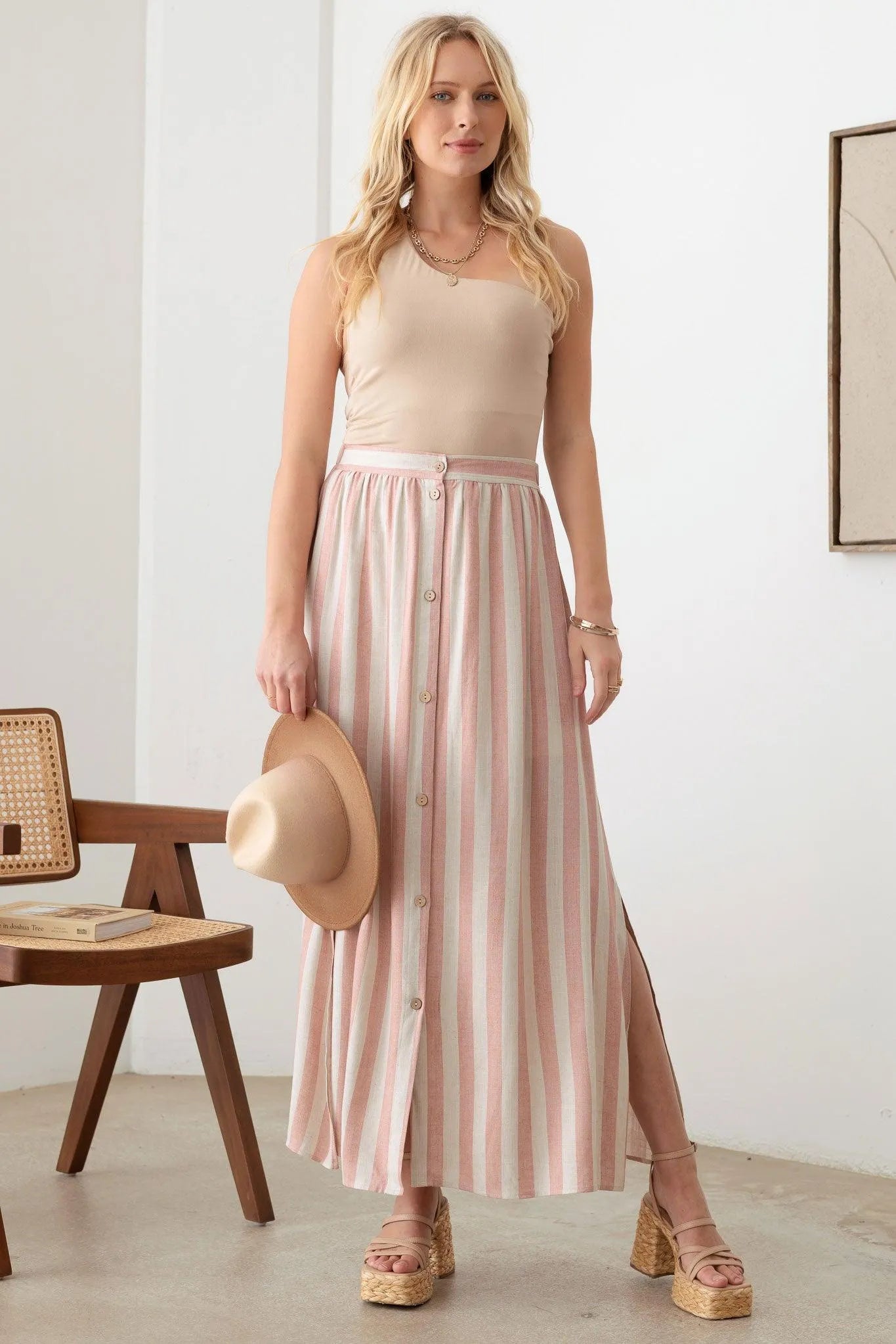 Boho Front Button Elastic Waist Side Slit Maxi Skirt - Tasha Apparel Wholesale
