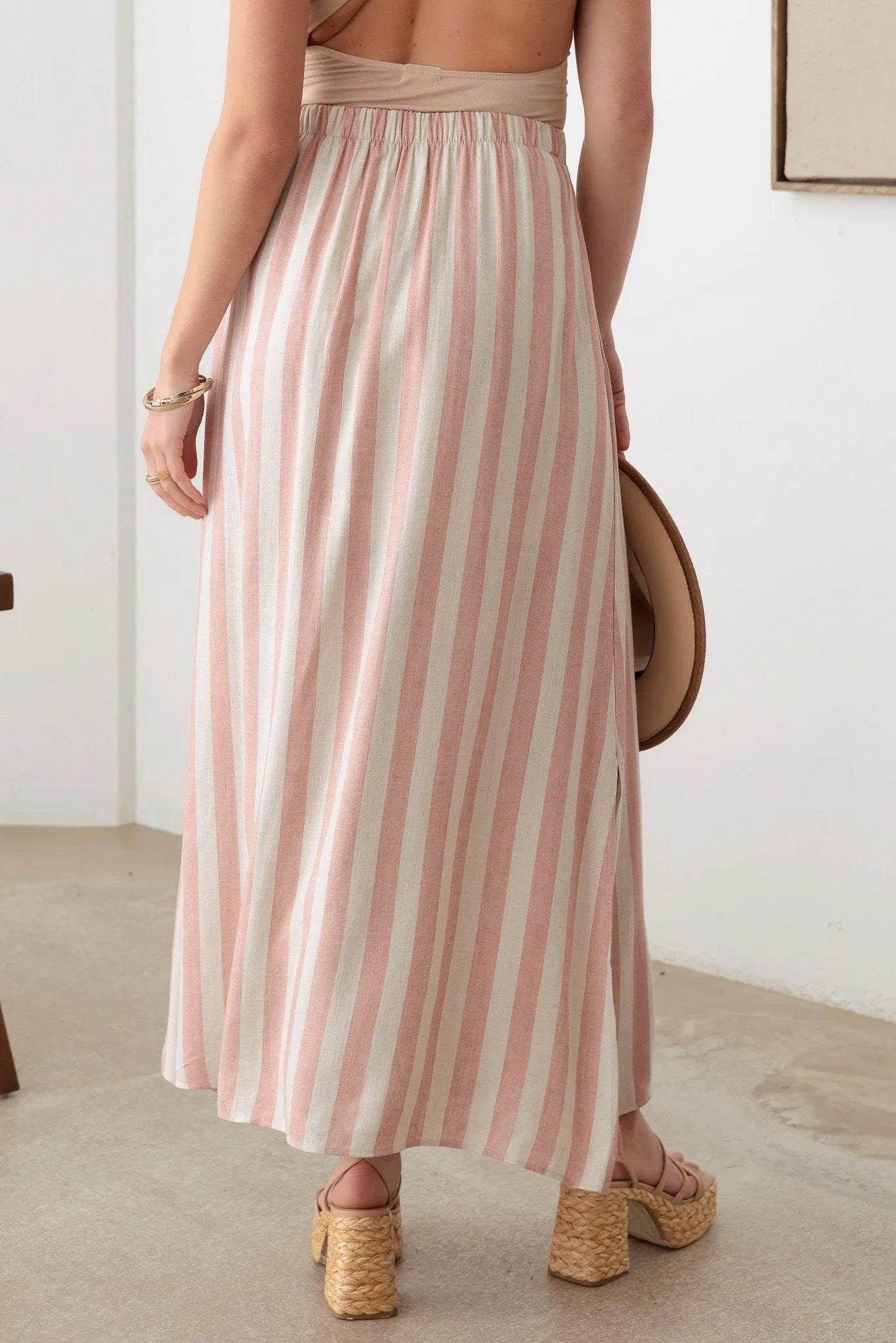 Boho Front Button Elastic Waist Side Slit Maxi Skirt - Tasha Apparel Wholesale