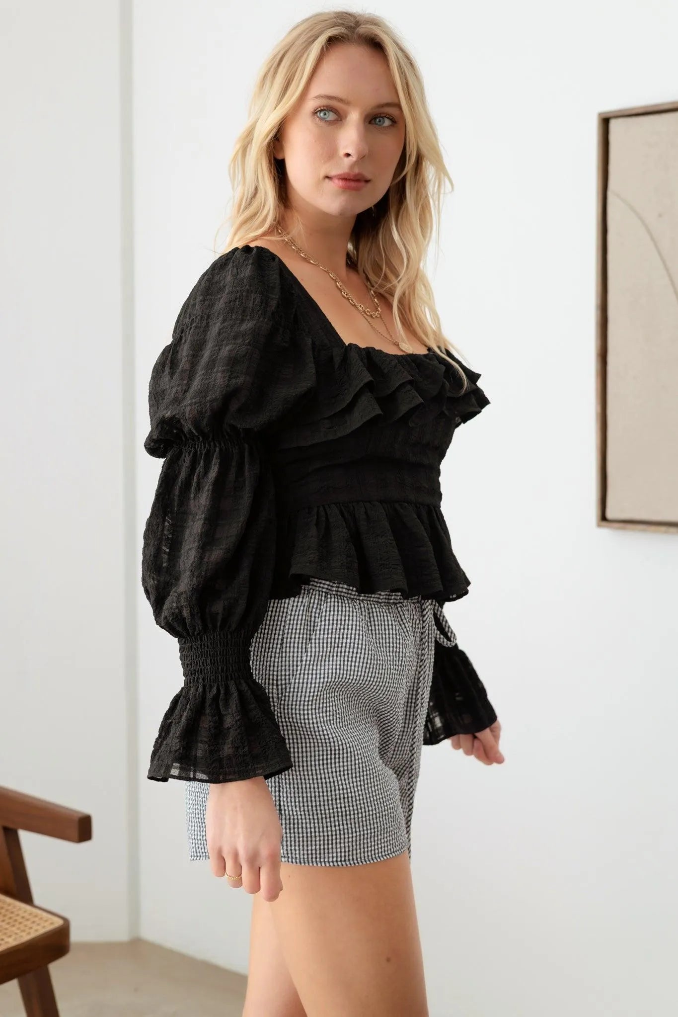 Boho Shirred Smocked Peplum Long Sleeve Top - Tasha Apparel Wholesale