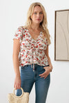 Short Sleeve V-Neck Ruching Ditsy Print Top - Tasha Apparel Wholesale