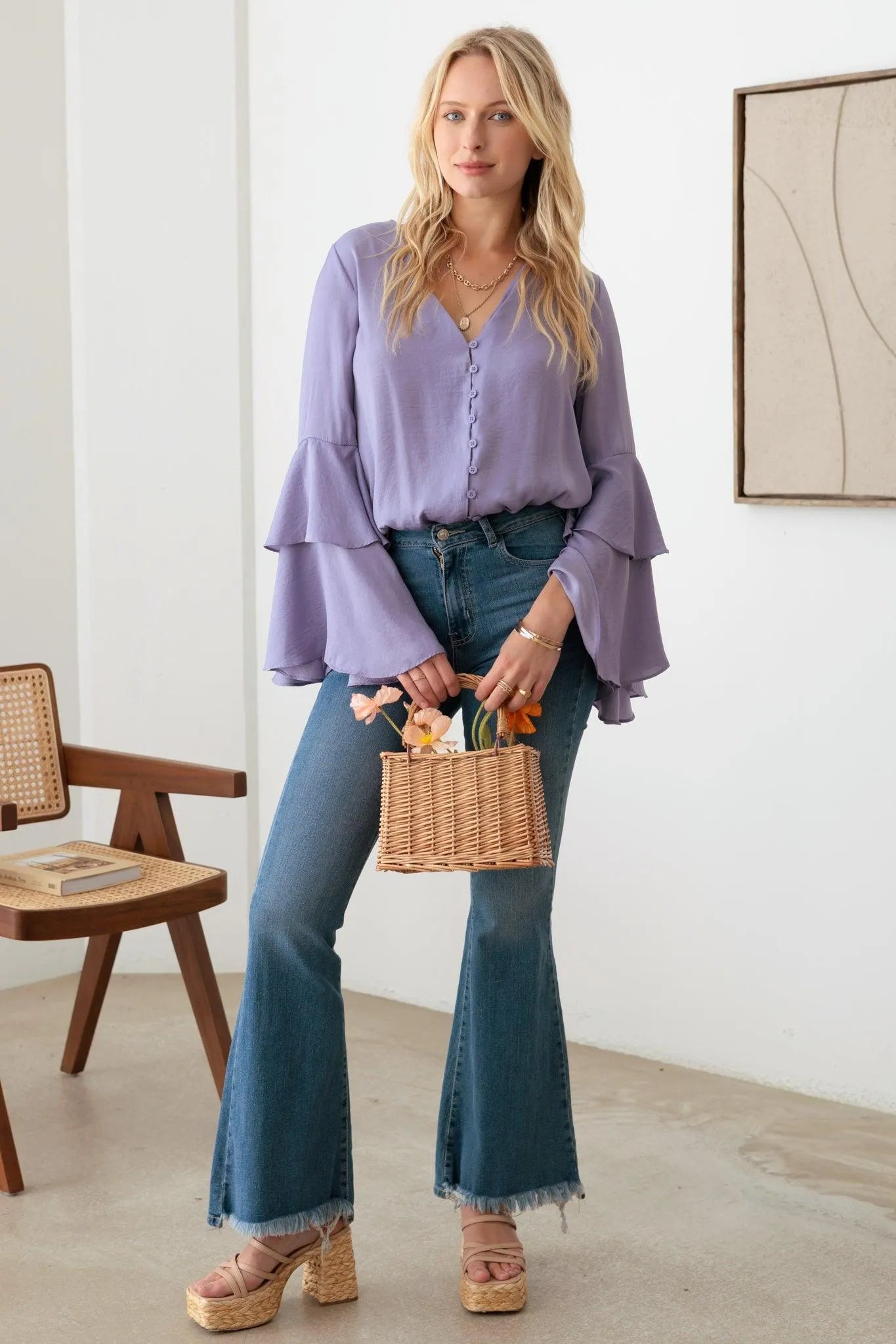 Satin V-Neck Shirt Ruffle Bell Sleeve Bodysuit - Tasha Apparel Wholesale