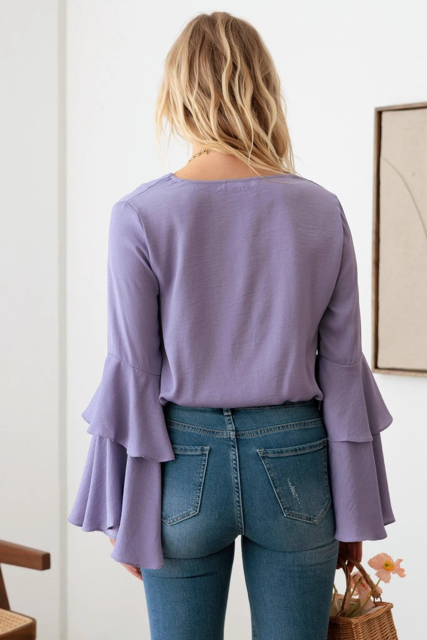 Satin V-Neck Shirt Ruffle Bell Sleeve Bodysuit - Tasha Apparel Wholesale