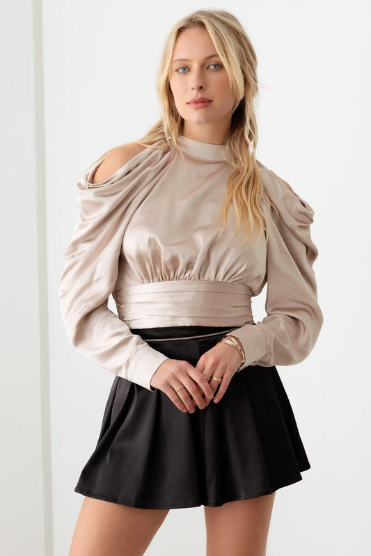 Satin Drape Sleeve Crop Cold Shoulder Top - Tasha Apparel Wholesale