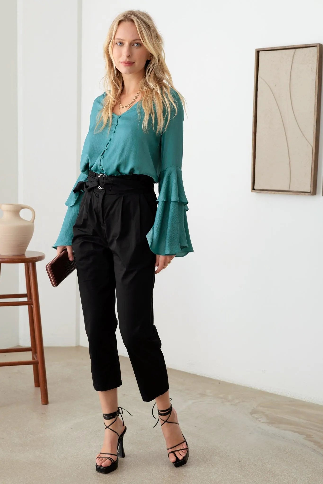 Satin V-Neck Shirt Ruffle Bell Sleeve Bodysuit - Tasha Apparel Wholesale