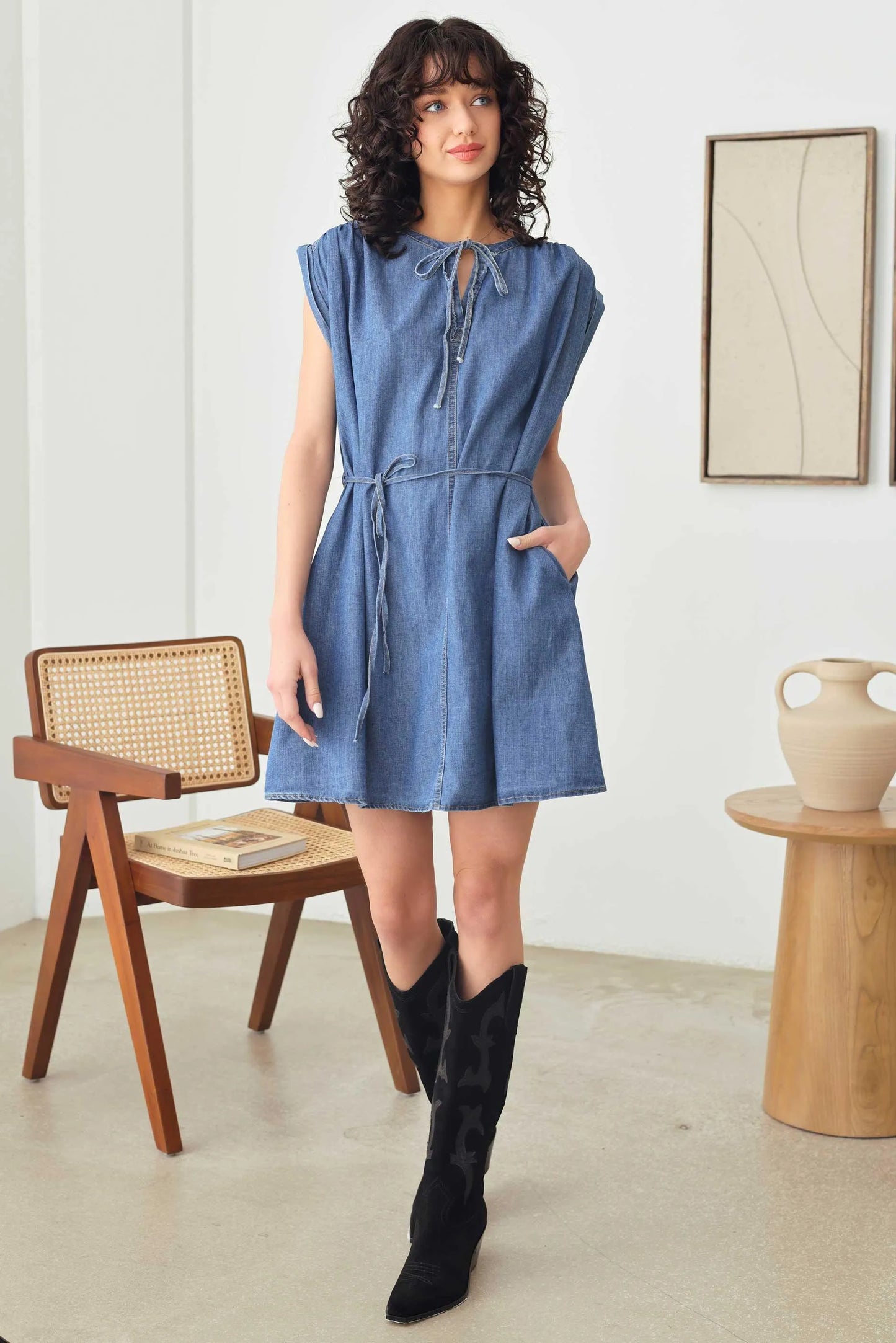 Denim Chambray Short Sleeve Front Tie Ruffle V-Neck Flare Dress - Tasha Apparel Wholesale
