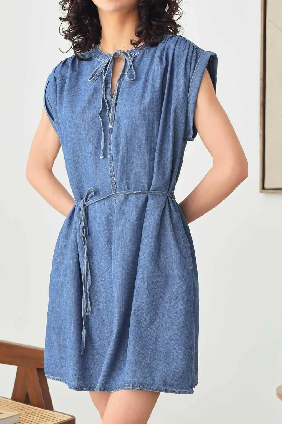 Denim Chambray Short Sleeve Front Tie Ruffle V-Neck Flare Dress - Tasha Apparel Wholesale