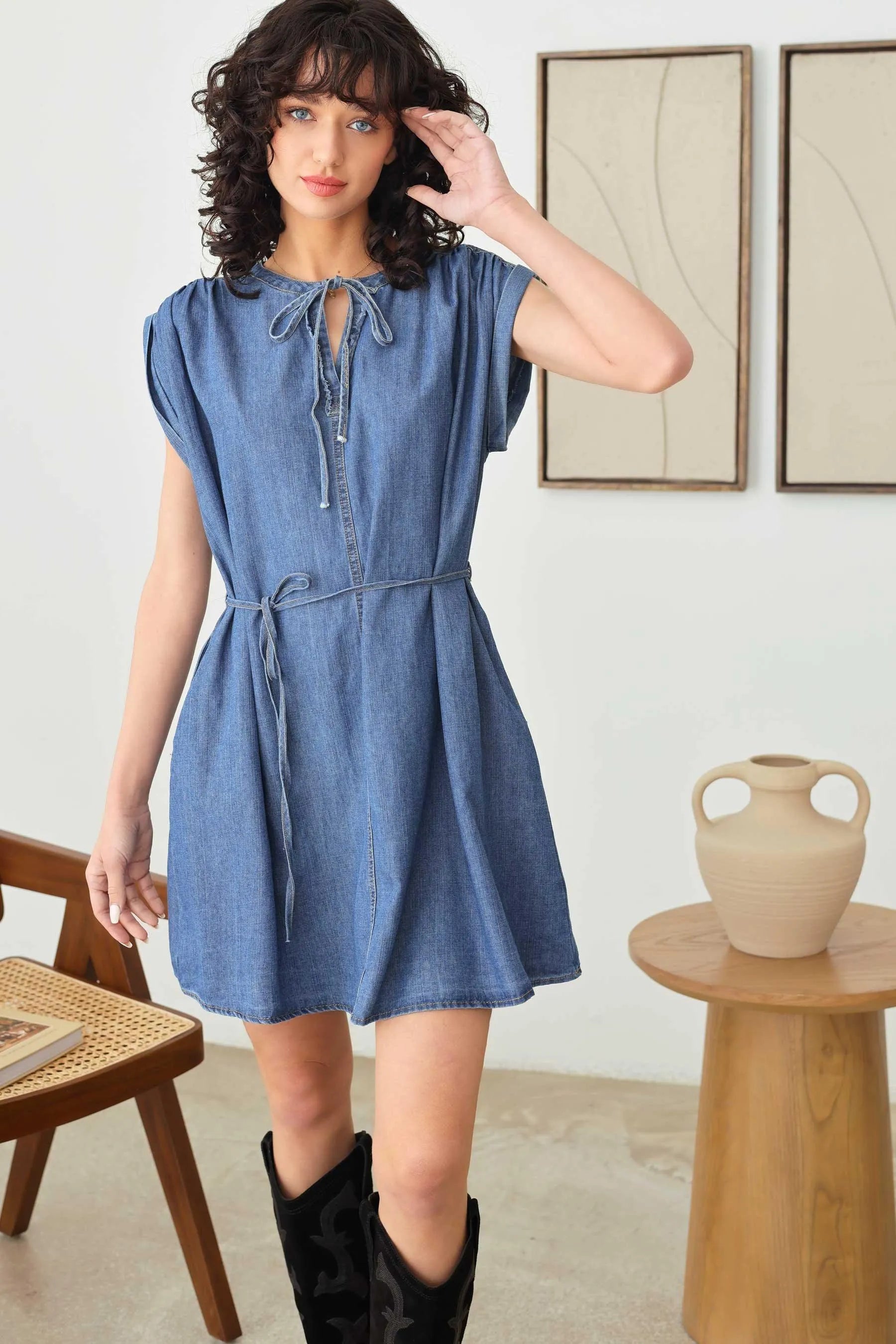 Denim Chambray Short Sleeve Front Tie Ruffle V-Neck Flare Dress - Tasha Apparel Wholesale