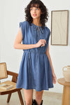 Denim Chambray Short Sleeve Front Tie Ruffle V-Neck Flare Dress - Tasha Apparel Wholesale
