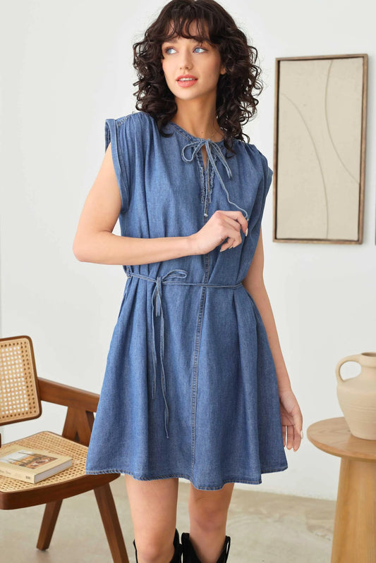 Denim Chambray Short Sleeve Front Tie Ruffle V-Neck Flare Dress - Tasha Apparel Wholesale