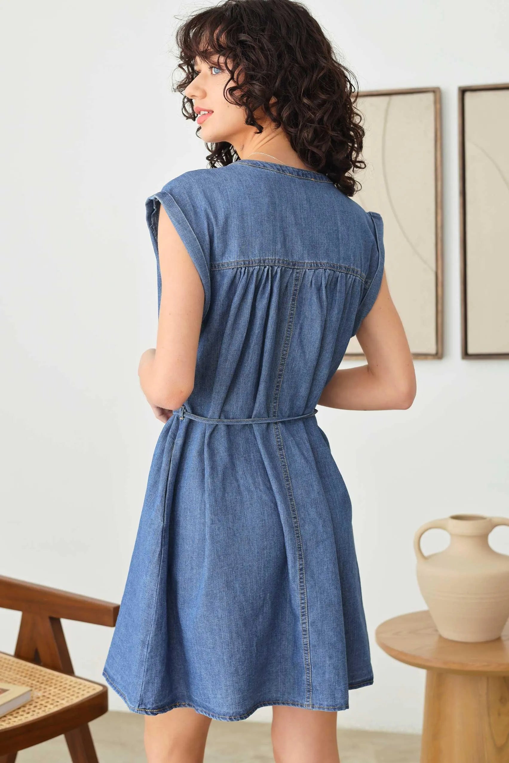 Denim Chambray Short Sleeve Front Tie Ruffle V-Neck Flare Dress - Tasha Apparel Wholesale