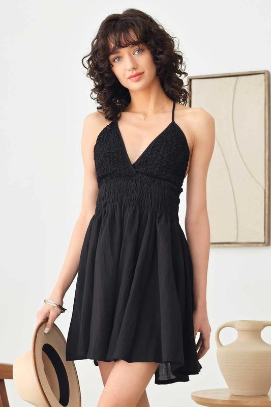 Boho Smocked Front Halter Ruffle Hem Mini Dress - Tasha Apparel Wholesale