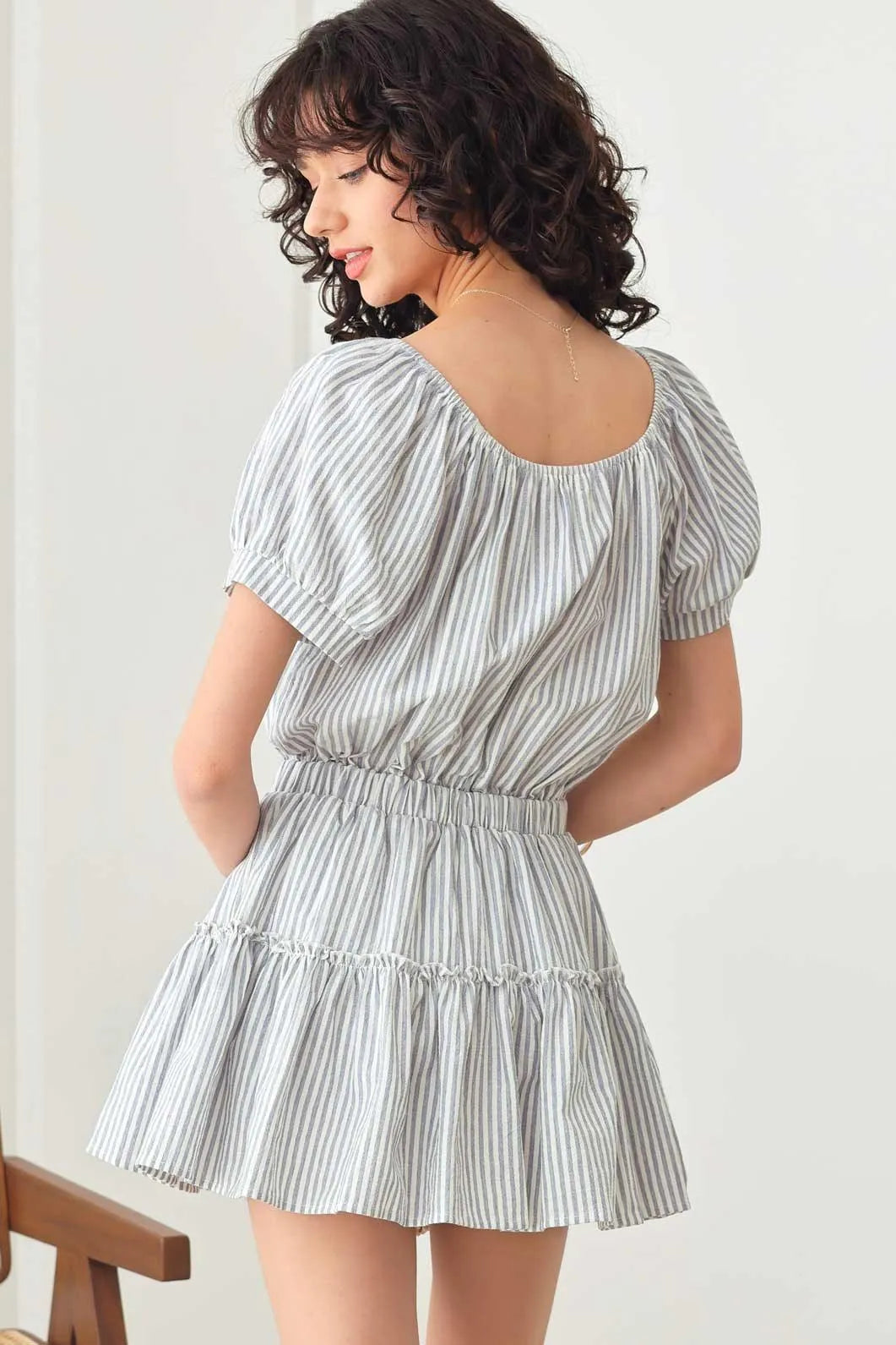 Striped Button Smocked Tiered Silhouette Short Sleeve Dress - Tasha Apparel Wholesale