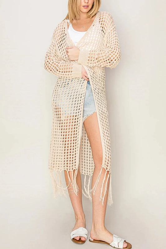 Long Sleeve Fringe Silhouette Crochet Cover Up - Tasha Apparel Wholesale