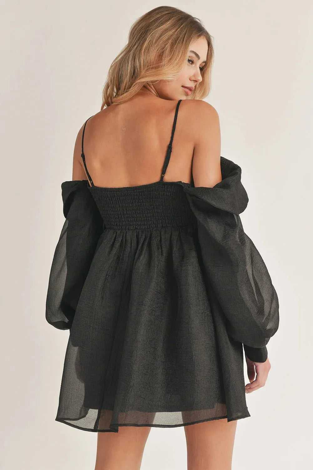 Bubble Long Sleeve Off Shoulder Smoked Back Mini Flare Dress