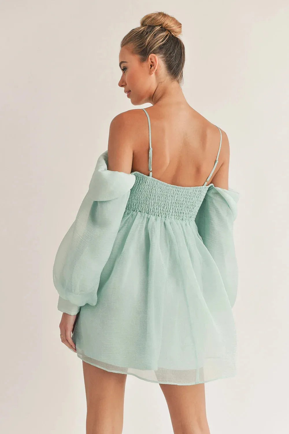 Bubble Long Sleeve Off Shoulder Smoked Back Mini Flare Dress Peach / S-M-L/3-2-1 Bubble Long Sleeve Off Shoulder Smoked Back Mini Flare Dress Peach / S-M-L/3-2-1